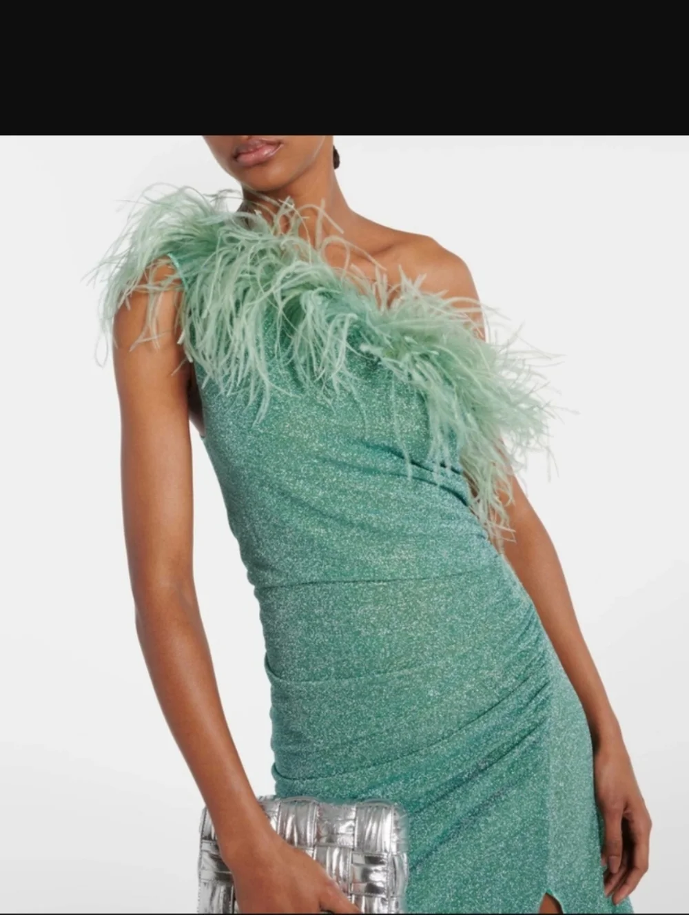 Oseree Plumage One-Shoulder Feather Trim Maxi Dress in Mint - Picture 3 of 6